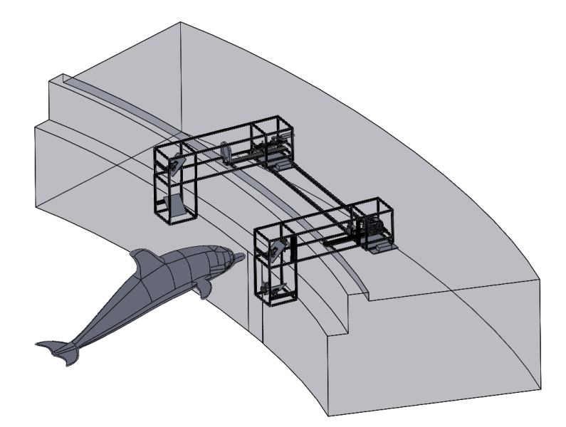 A graphic depicting a dolphin between two pieces of equipment.