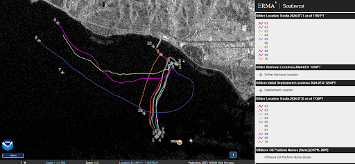 A screenshot of the ERMA map that shows the trackline, deployment, and retrieval location with satellite imagery.