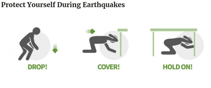 A graphic depicting "drop, cover, and hold on." 