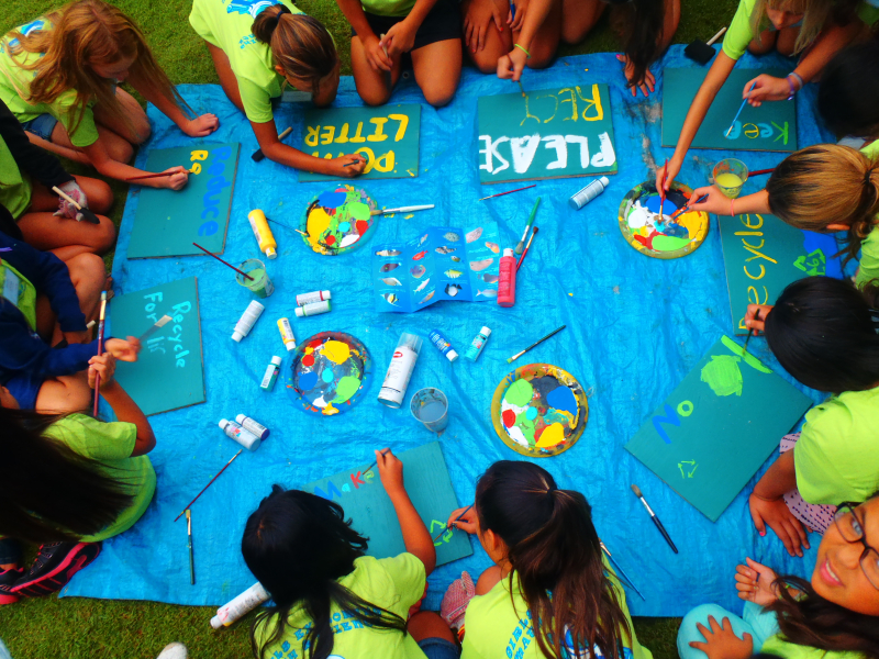 Children painting signs.