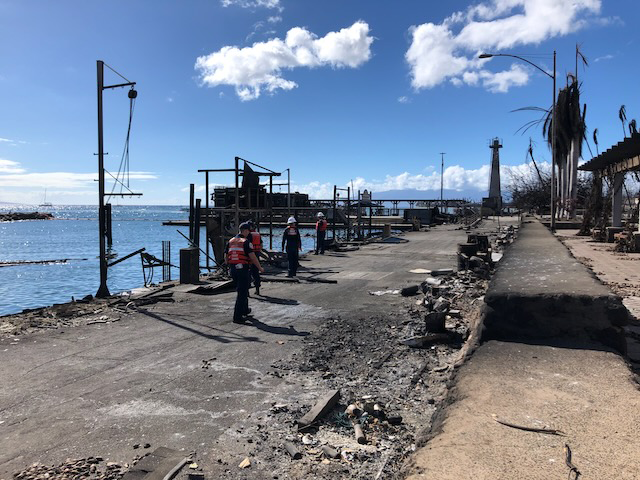 A view of fire destruction at a marina in Lahaina, Maui.