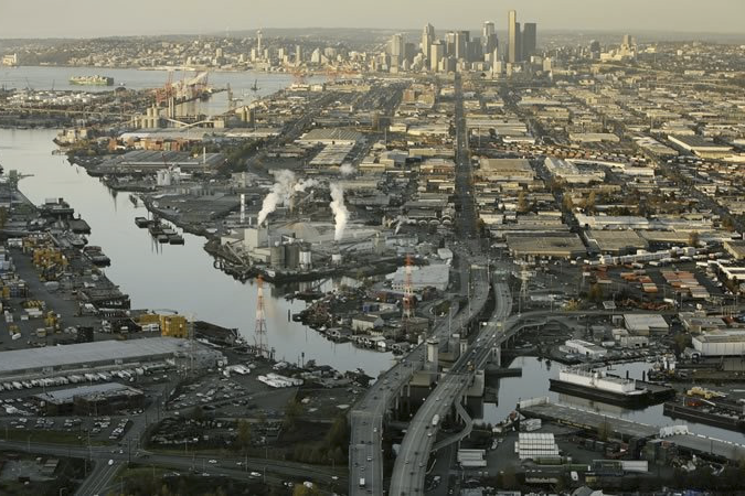 Aerial view of the Lower Duwamish River. Harbor Island and Elliott Bay are shown in the top left and downtown Seattle in the top center of the photograph.