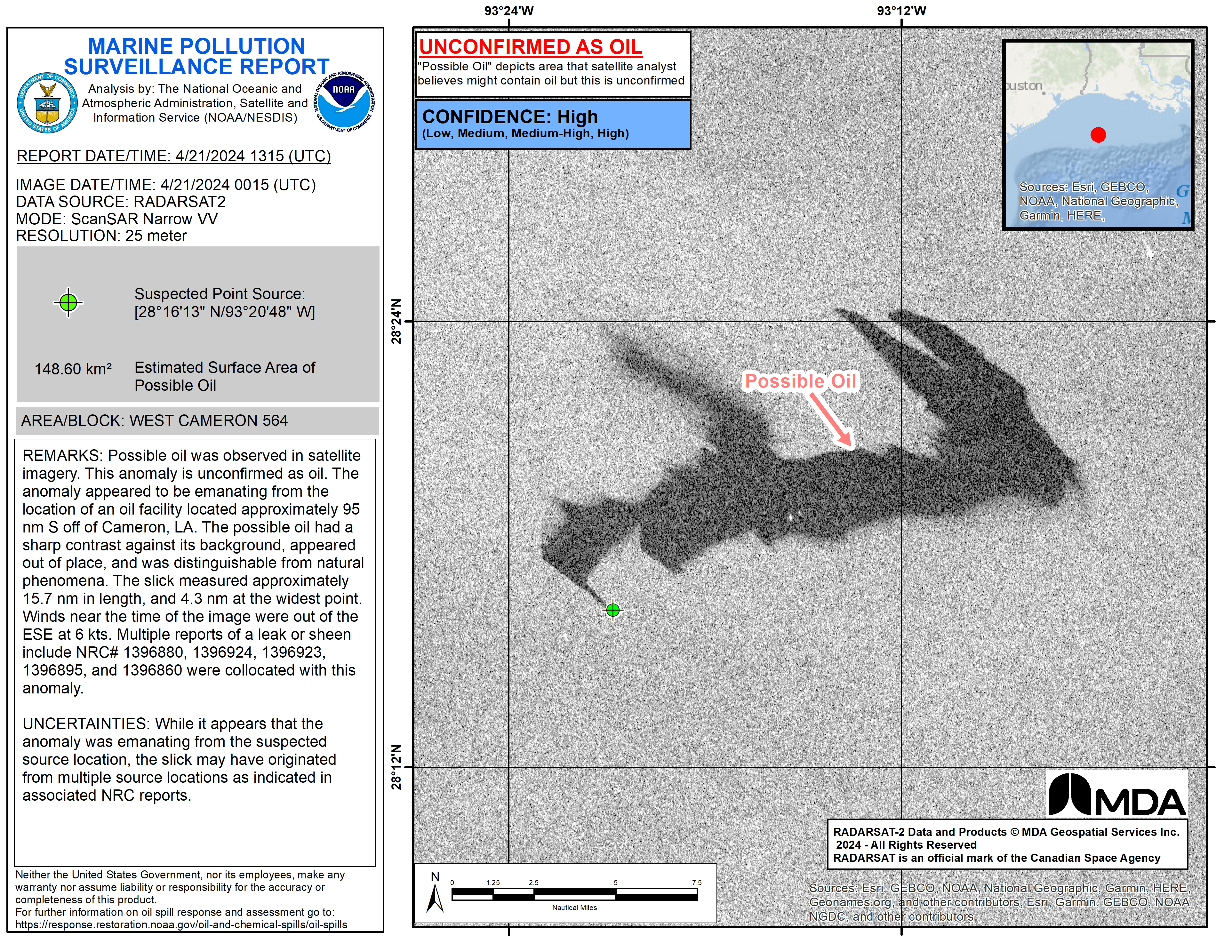 Marine Pollution Surveillance Report from April 21, 2024, of suspected oil in the Gulf of Mexico, captured by RADARSAT-2, a Canadian Space Agency (CSA) Earth observation satellite.