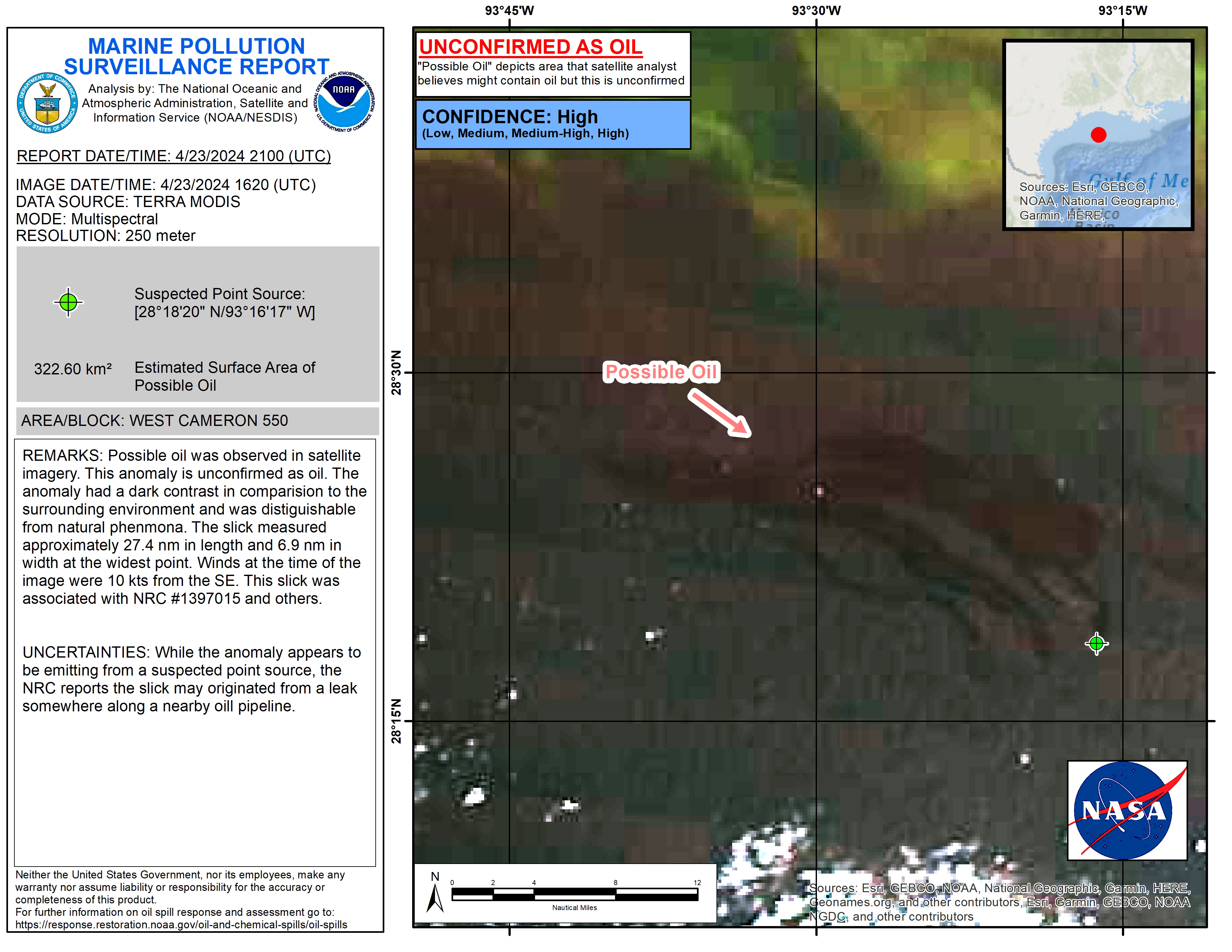 Marine Pollution Surveillance Report from April 23, 2024, of suspected oil in the Gulf of Mexico, captured by Terra MODIS, a NASA instrument that scans the Earth's surface with 36 spectral bands every one to two days.