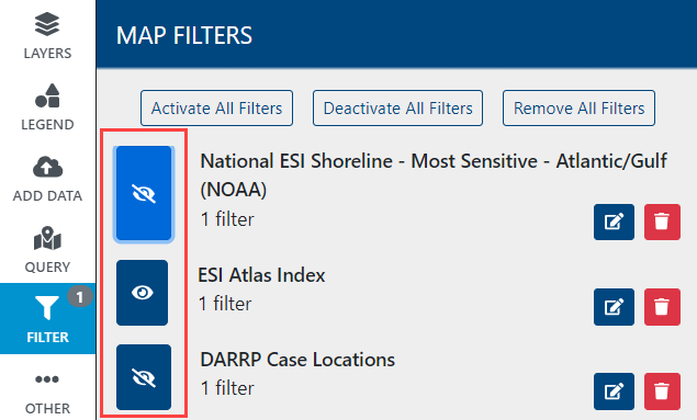 Screen capture: The main map filter menu showing the toggle filter options and the number of filters applied. 