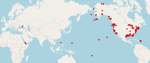 A world map with red dots marking the coastlines of the United States and some areas in the Pacific Ocean.