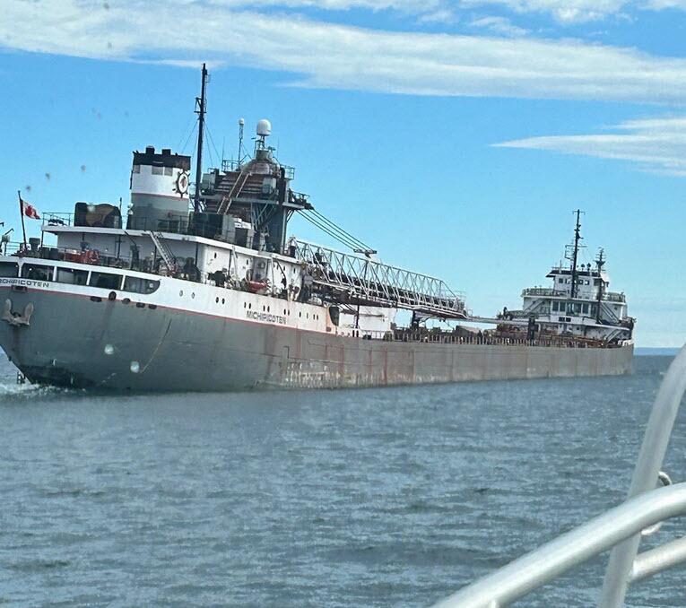 A large bulk carrier anchored in a bay.