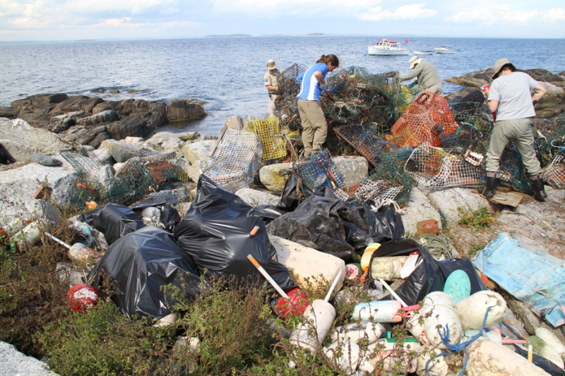 Bags of trash on a beach.