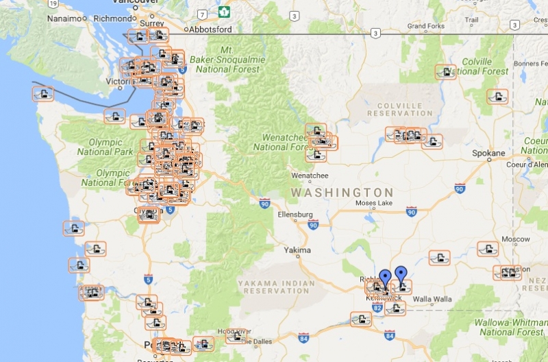 A map of Washington with a variety of locations highlighted. 