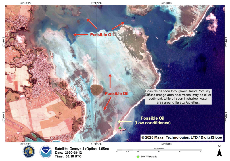 A satellite image showing possible oil in water.