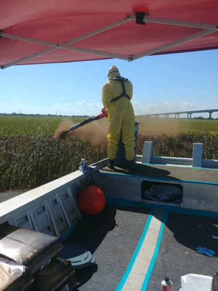 A person on a boat wearing response gear while spraying oiled marsh. 