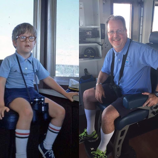 A photo of a boy on a boat, left, and a photo of a man on a boat, right.