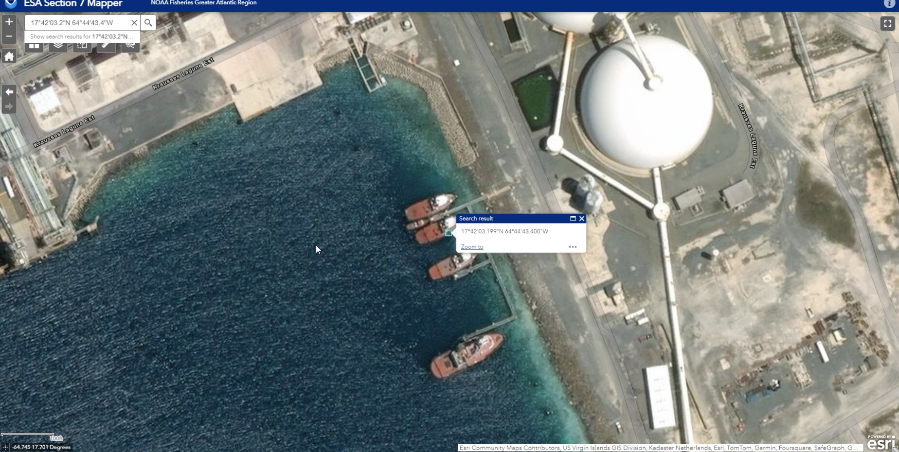 Screenshot of aerial map that is zoomed in on the location of an oil terminal on St Croix, USVI where a tug sank.