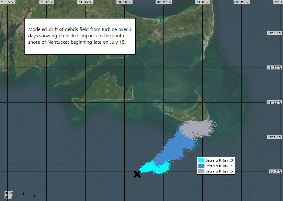 NOAA trajectory estimate for the movement of turbine blade parts that broke from a turbine on/about July 13, 2024 offshore of Martha’s Vineyard.