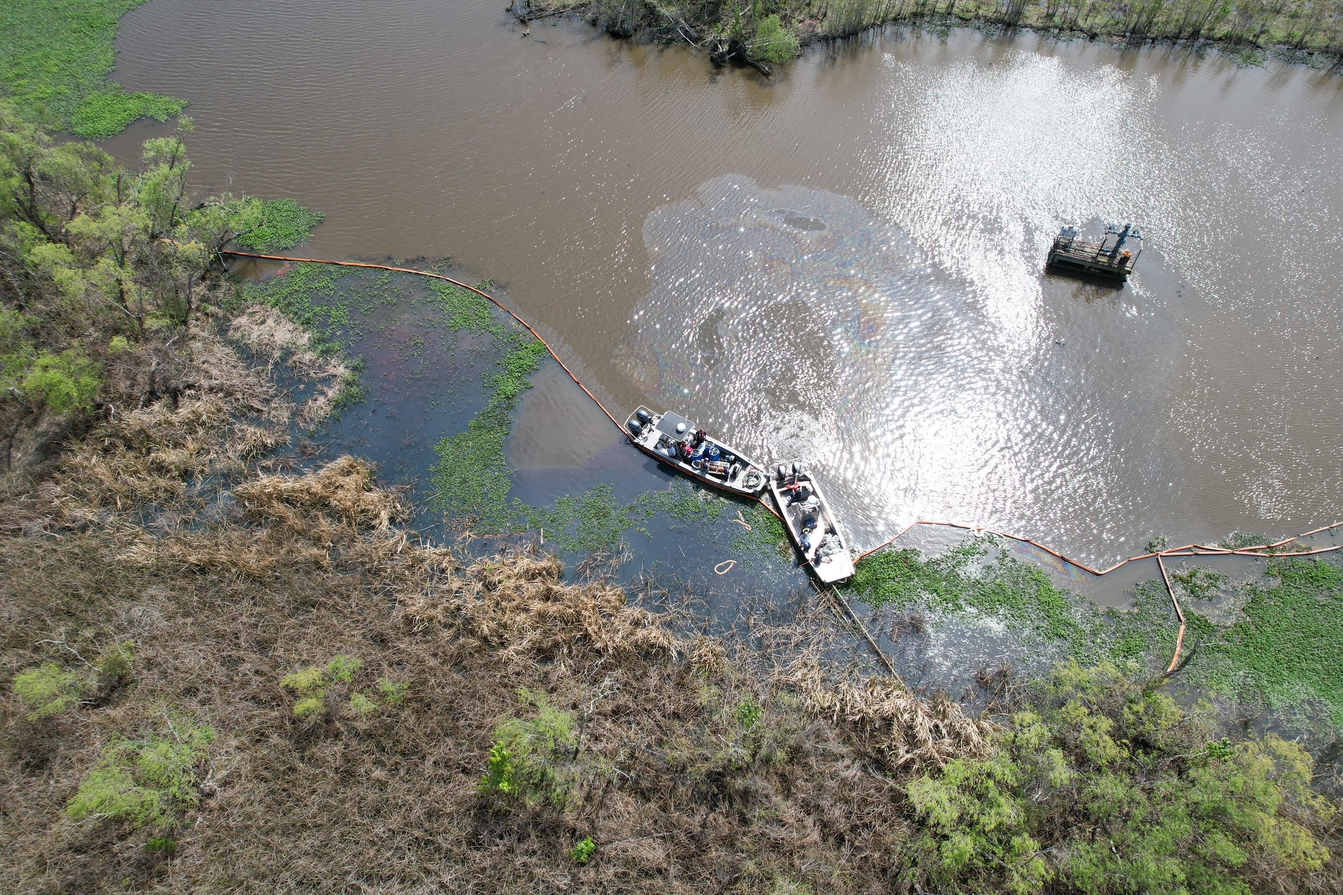 Aerial image of crude oil spilled into marshland near the Whitney Oil & Gas B-66 well, March 7, 2024, prior to an in situ burn. 