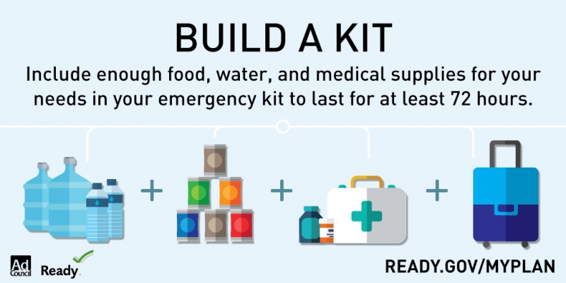 An infographic that reads: "Build a kit. Include enough food, water and medical supplies for your needs in your emergency kit to last for at least 72 hours. Ready.gov/myplan."