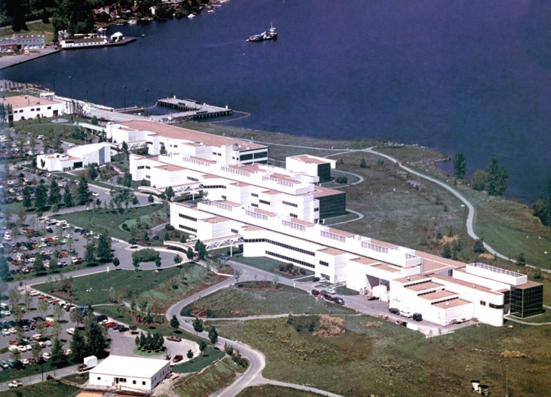 An aerial view of a campus near a shoreline. 