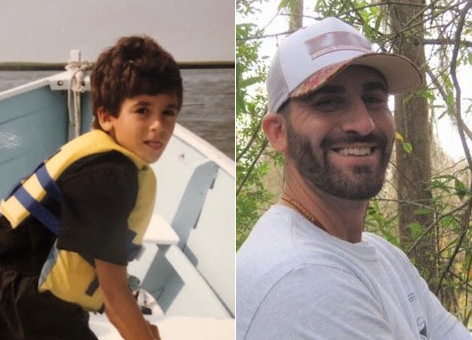 (Left) a boy in a life jacket on a boat, (right) a man with trees behind him.