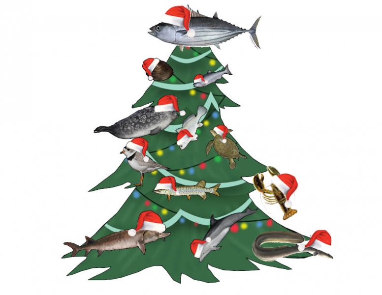 An animated image of a Christmas tree with fish and other marine animals on it.