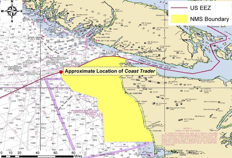 A map depicting the location of the Coast Trader on the border of the Olympic Coast National Marine Sanctuary and Canada. 