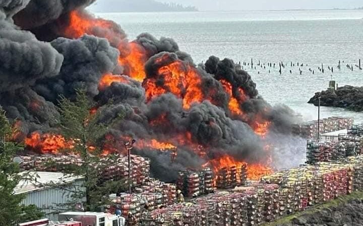 A fire that erupted on January 22, 2024 at the Port of Ilwaco, Oregon, destroyed thousands of crab pots staged for the upcoming Dungeness crab season.