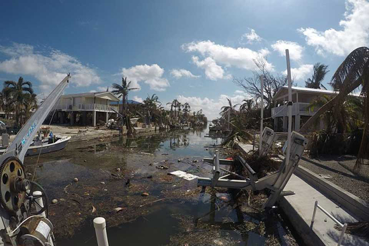 A shoreline with hurricane debris around it. 