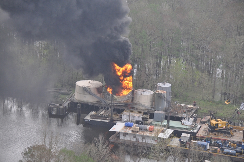 An oil platform on fire. 