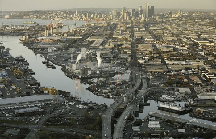 An aerial view of a cityscape. 