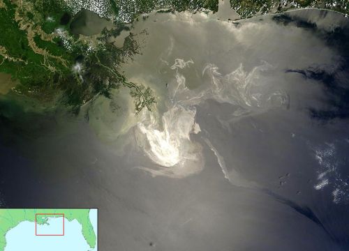 A satellite image of an oil spill. 