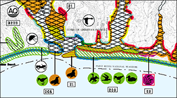 A map with different animal icons and corresponding colors outlined on the map.