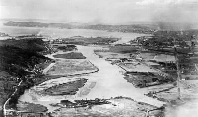 A black and white image of a river.