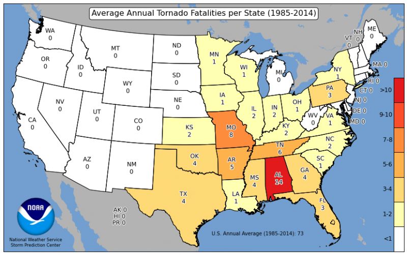 A map of the U.S. showing average tornadoes per region.