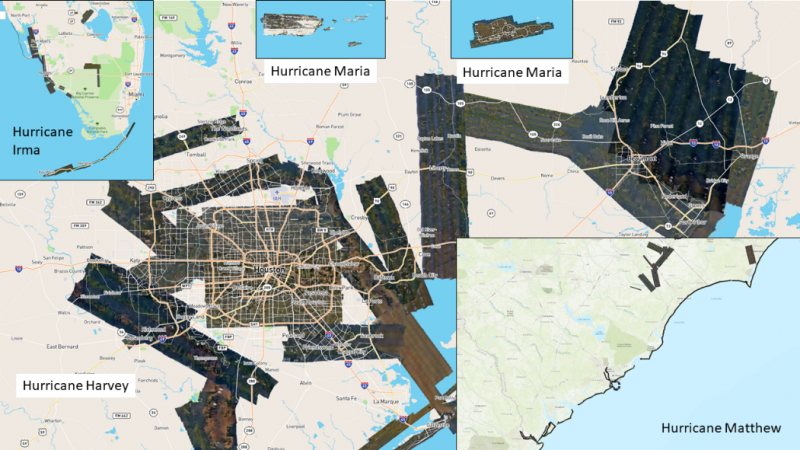 A map depicting various image swath paths from areas around the country from various hurricanes.