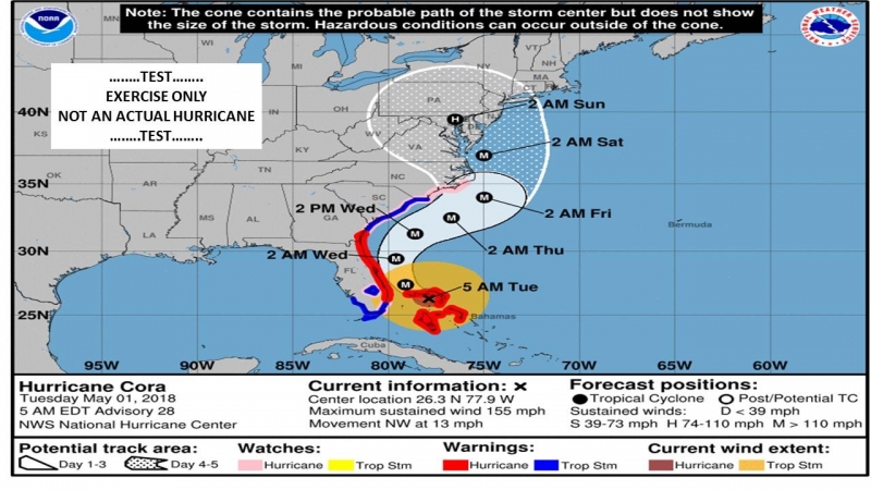 A map depicting a cone simulated cone graphical forecast for a hurricane.