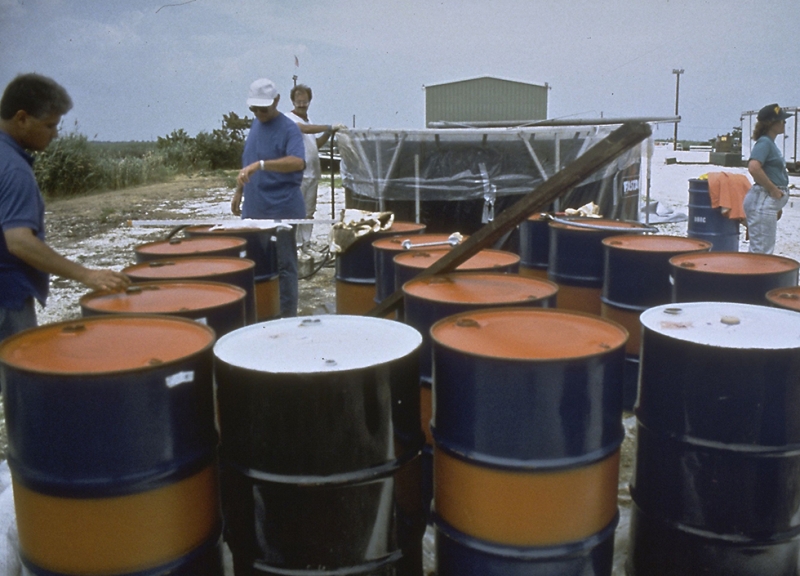 People standing among several barrels.
