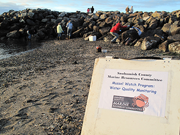 A sign for "Snohomish County Marine Resources Committee" in the foreground and people working on a shoreline in the background. 