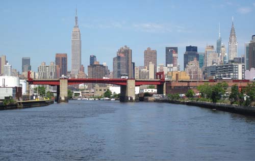 A view of New York City with a river in the forefront.
