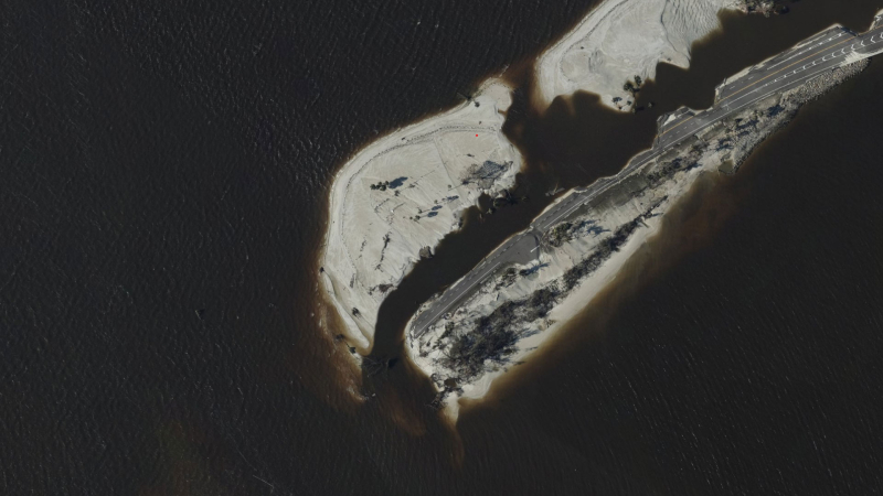 An aerial image of a flooded land area.