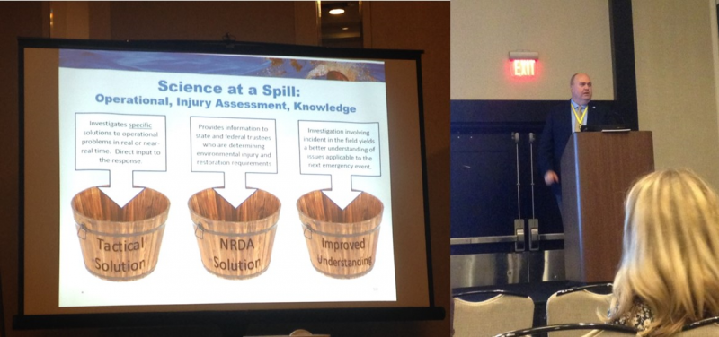 Two photos side by side: From left, a photo of a projector depicting a presentation on Science at a Spill. The second is a photo of a man at a podium. 