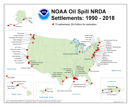 A map of the U.S. indicating "NOAA Oil Spill NRDA Settlements: 1990-2018."