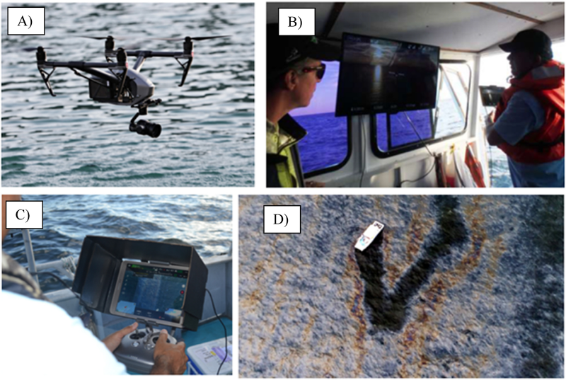 An image of a drone, two people inside a boat looking at a monitor, a person holding a device, and an aerial view of an oil sheen.