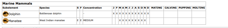 A chart listing "Marine Mammals:" dolphins and manatees. 