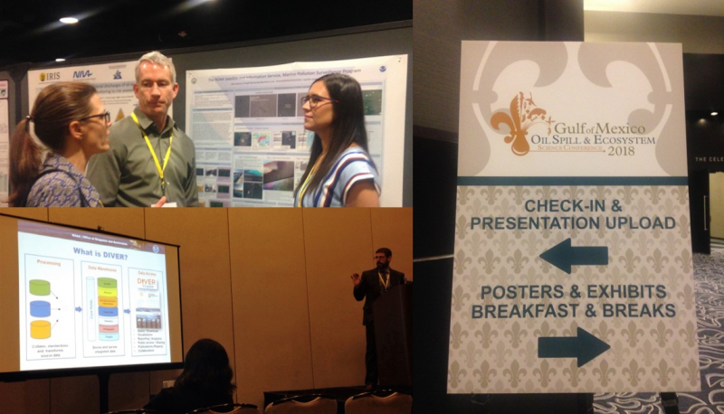 Three photos — top left: three people conversing in front of a poster. bottom left: a man presenting from a podium, right: a sign indicating the direction of the exhibits. 