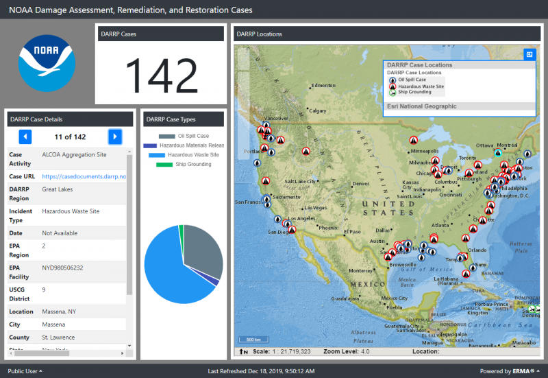 A dashboard labeled "NOAA Damage Assessment, Remediation, and Restoration Cases" with a map and a pie chart depicting the types of cases.