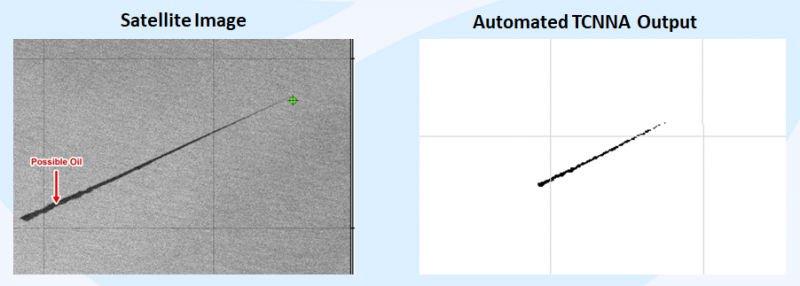 Two side by side images, the left labeled "satellite image" labels "possible oil," and the right shows the automated algorithm output.