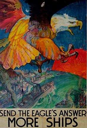 A poster depicting an eagle carrying a red envelope. The poster says "Send the Eagle's Answer More Ships." 