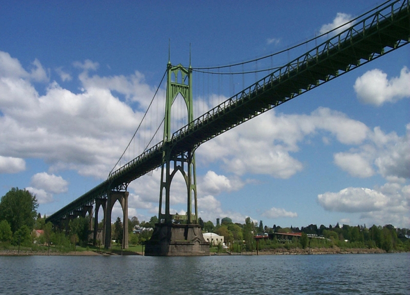 A view of a bridge from below with blue sky and clouds in the background.
