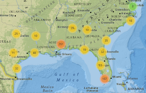 A map with numbered bubbles on it.