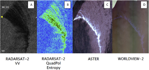 Four side-by-side images depicting four different satellite views of oil detection.