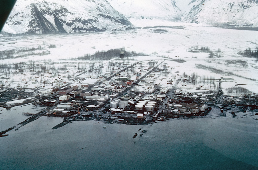 An aerial view of the destruction of Valdez, Alaska.